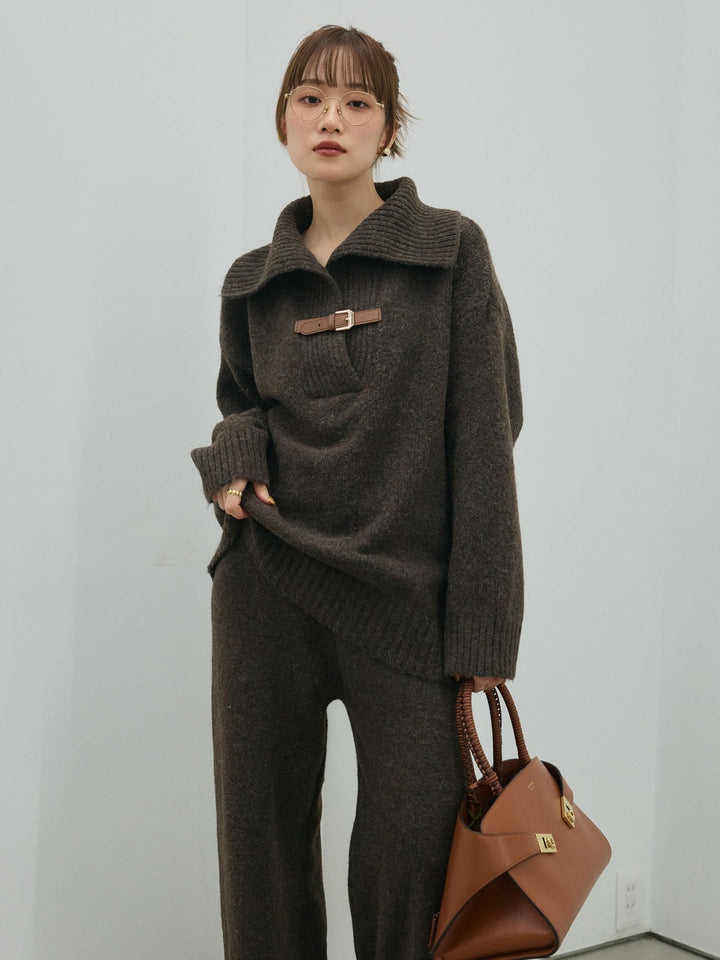 [SET]ベルトデザインポロニット&ニットパンツSET UP