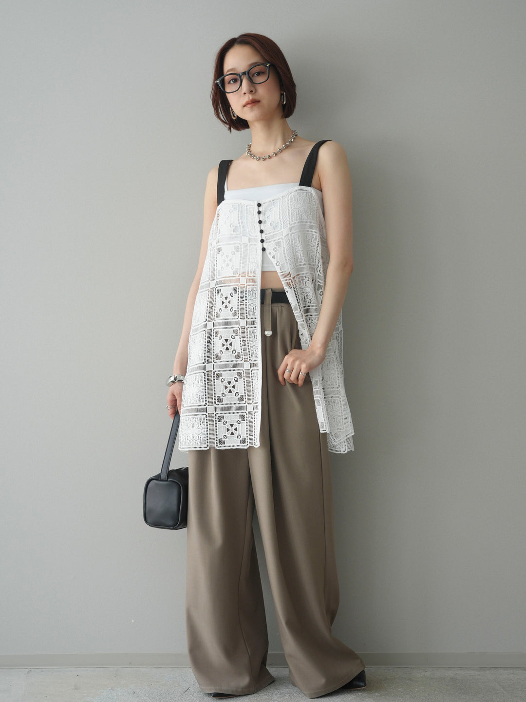 [SET]配色パネルレースキャミソール+ベルト付キーホルダーモチーフワイドパンツ(2set)