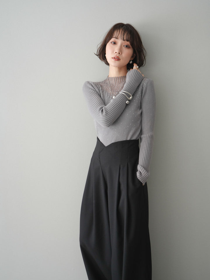 [予約]シアー切替スパンコールリブニットトップス/gray
