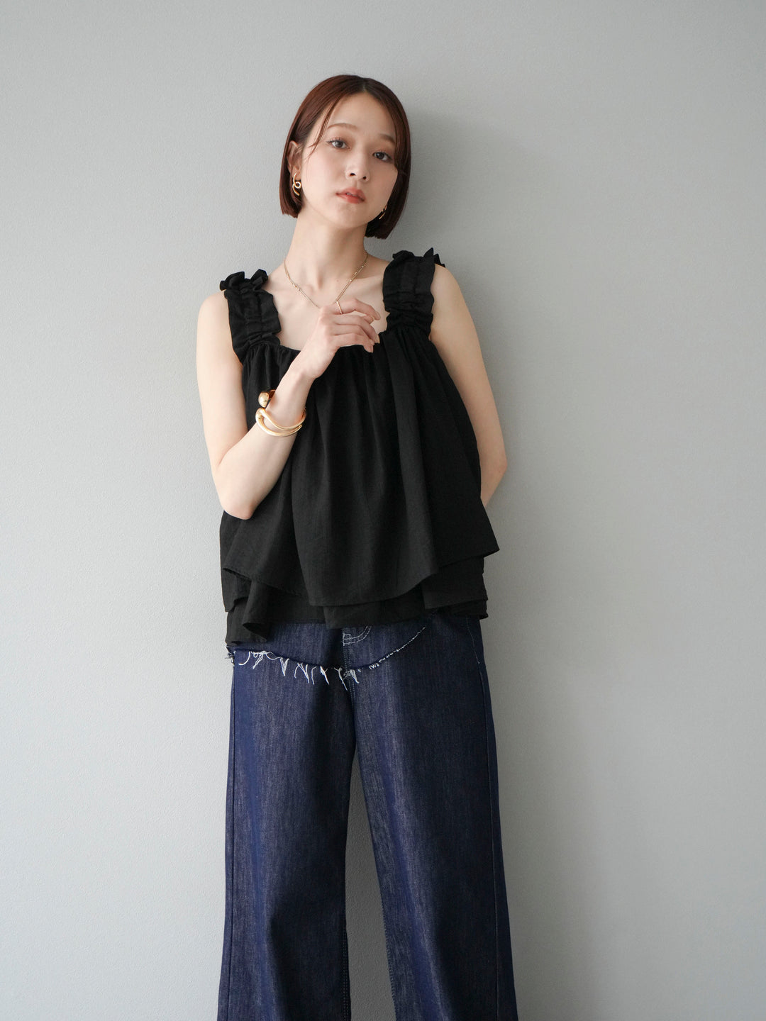 [SET]ギャザーショルダーフレアタンクトップ+ギャザーショルダーフレアタンクトップ(2set)