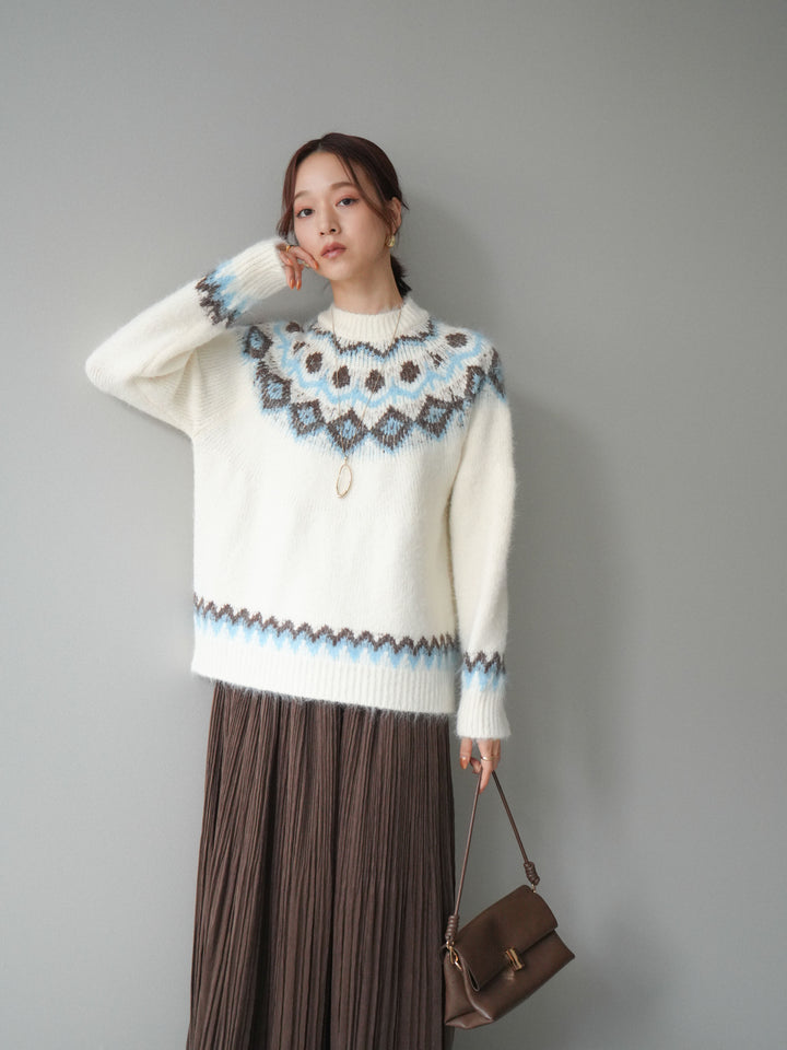 [SET]ソフトタッチ求心柄ニットプルオーバー+裾レーススウェードプリーツマキシスカート(2set)