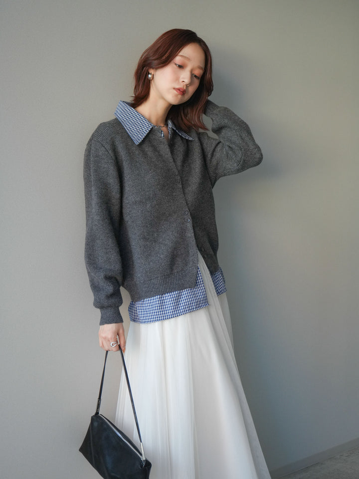 [SET]チェックシャツ襟ニットカーディガン+チュールボリュームスカート(2set)