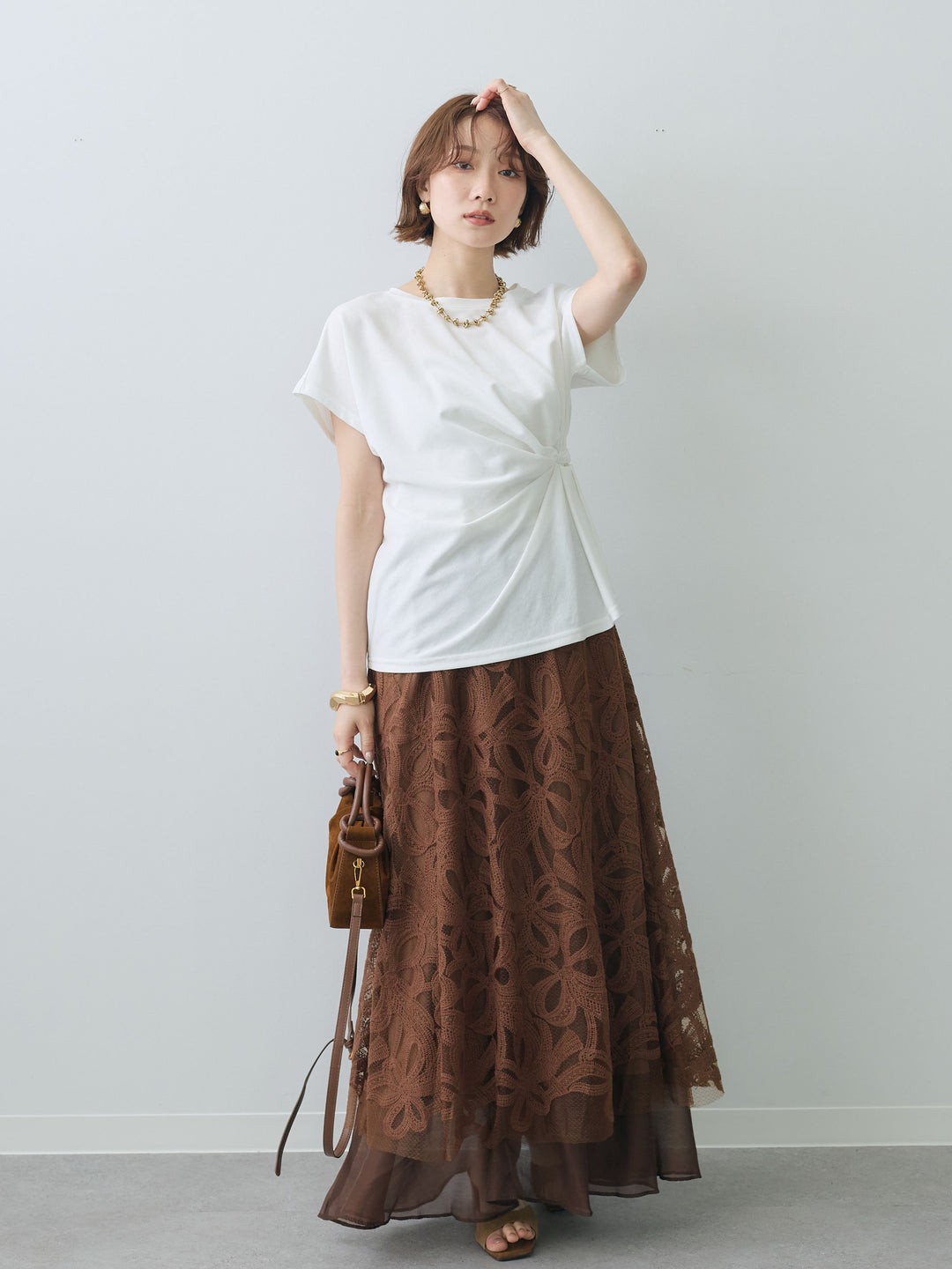 [SET]サイドノットTEE+フラワーレースレイヤードスカート(2set)