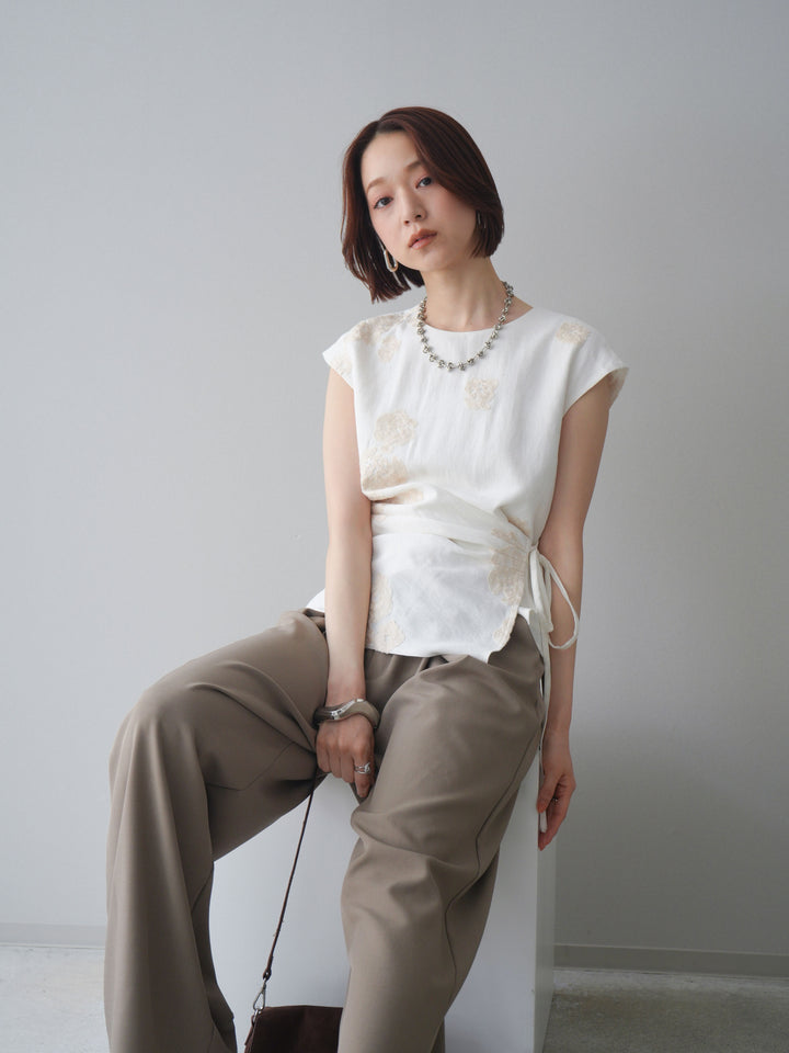 [SET]リネンタッチフラワージャガードトップス+ベルト付キーホルダーモチーフワイドパンツ(2set)