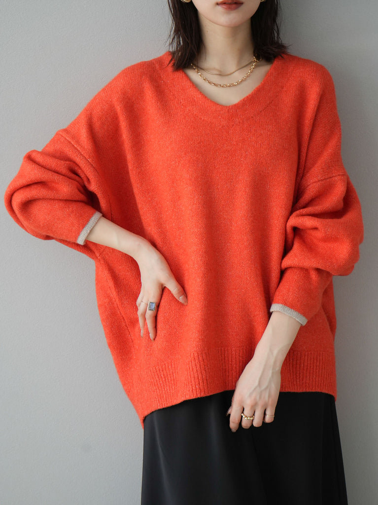 予約]Vネック配色スリーブニットプルオーバー/オレンジ – Lumier 