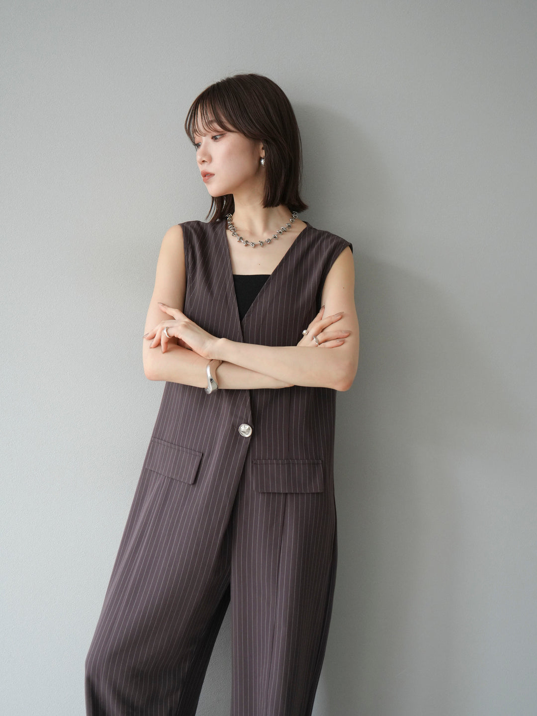 [予約]ストライプラップデザインオールインワン/ブラウン