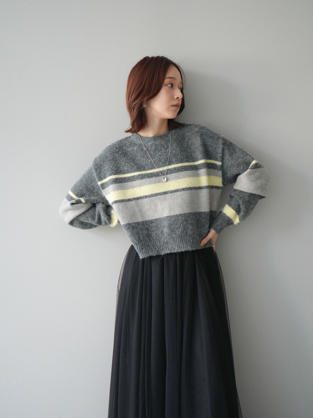 [SET]ソフトタッチボーダークロップドニットプルオーバー+チュールボリュームスカート(2set)