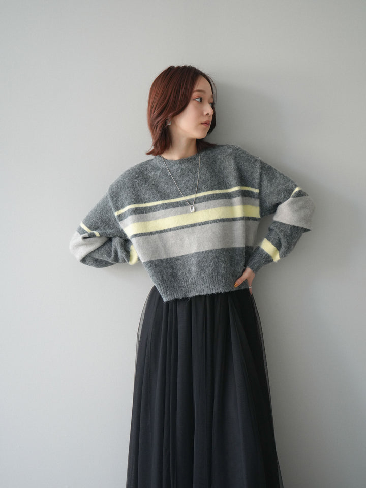 [SET]ソフトタッチボーダークロップドニットプルオーバー+チュールボリュームスカート(2set)