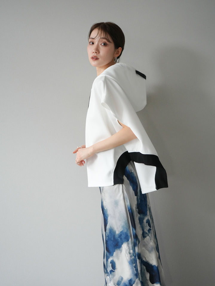 [SET]アシンメトリードルマンバックZIPフーディー+ニュアンスサテンフリルスカート(2set)