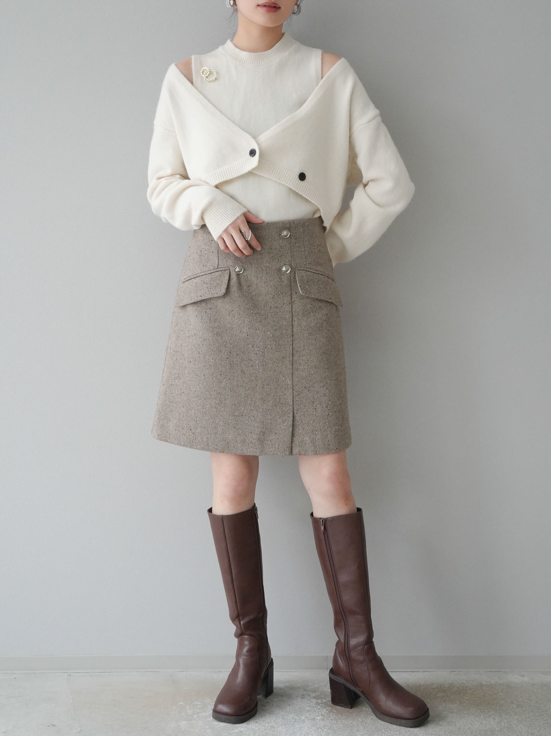 SET]ショートカーディガンアンサンブルニット+ネップツイードミニ