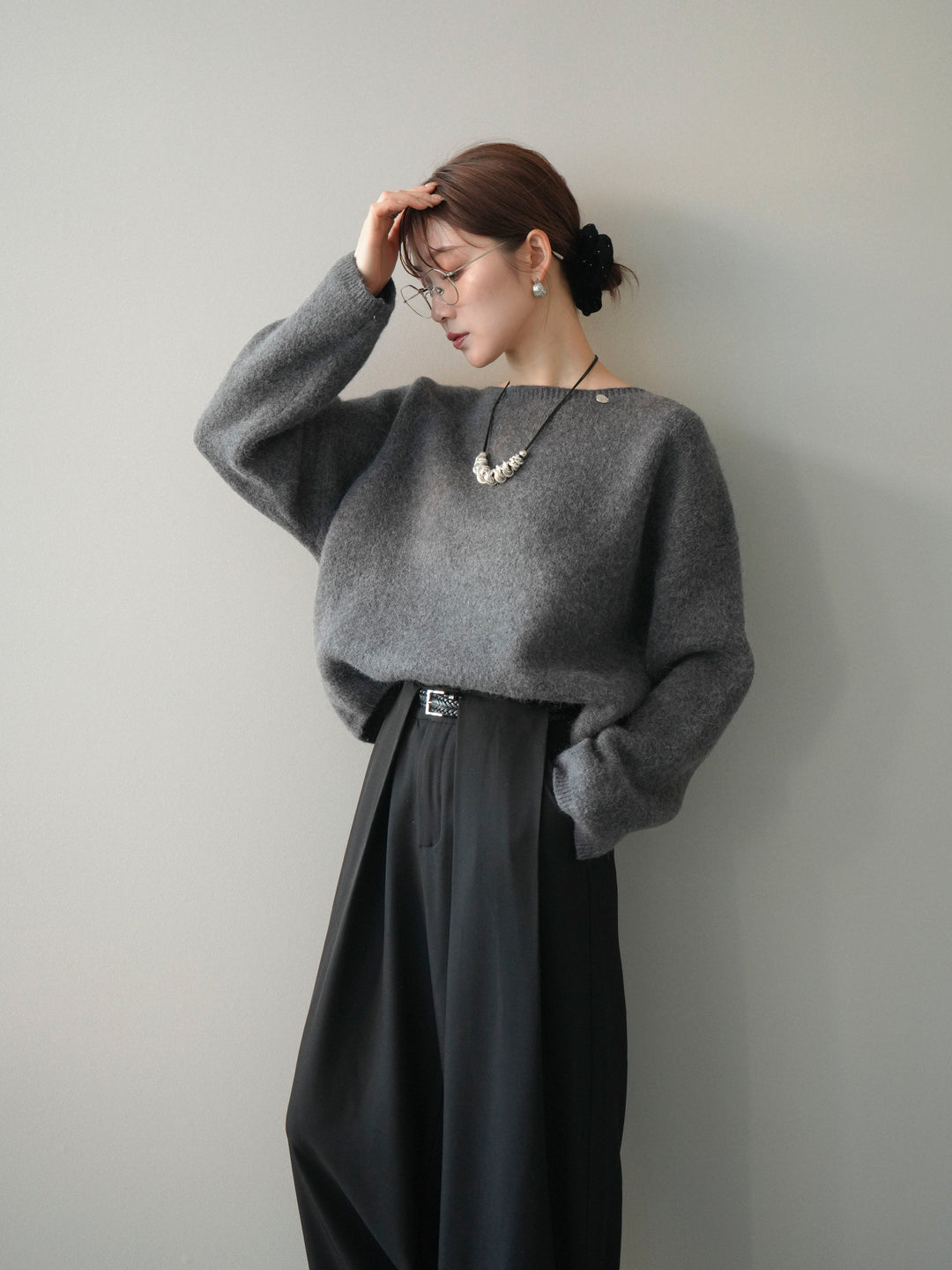 [SET]アンゴラタッチボートネッククロップドプルオーバー+選べるアクセセット(2set)