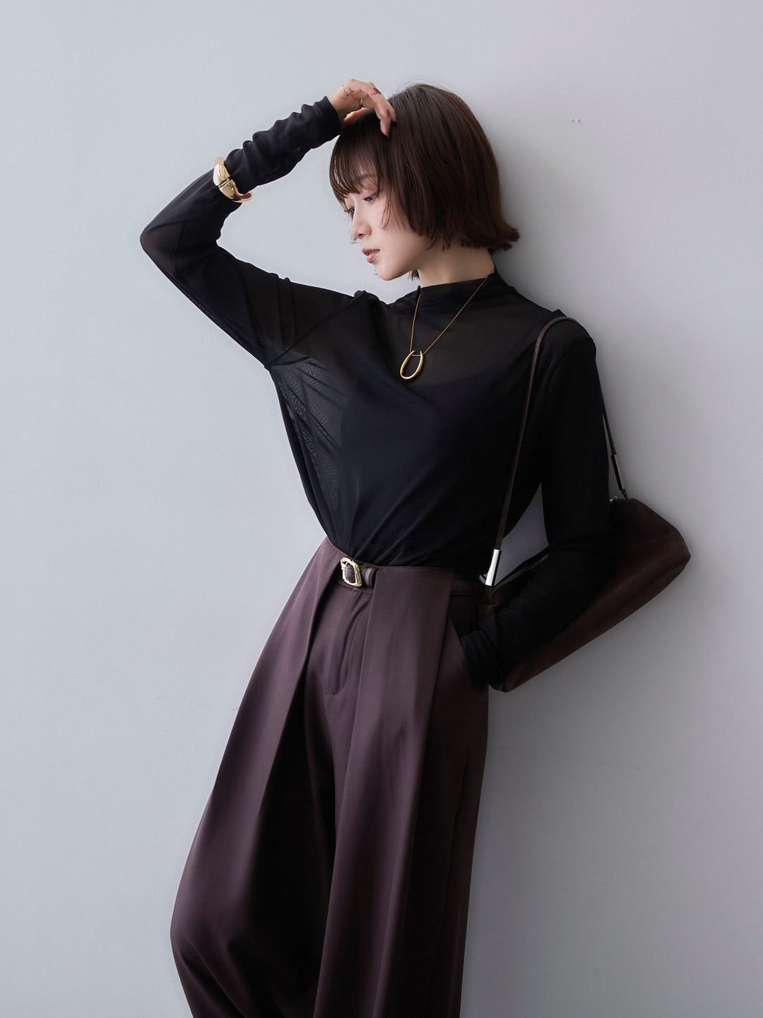 [SET]メッシュボトルネックトップス+ベルトループデザインワイドパンツ(2set)
