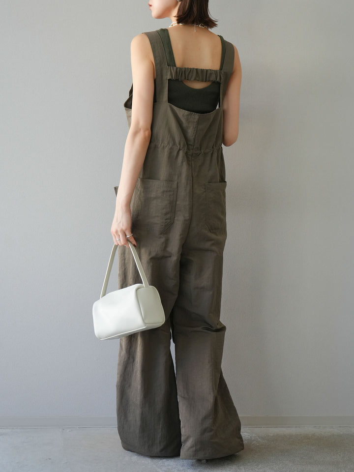 [予約]ナイロンタックデザインサロペット/カーキ