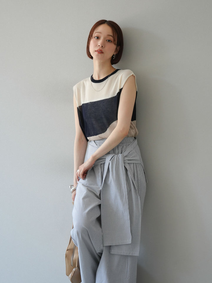 [SET] 雙色透視針織無袖上衣 + 條紋束腰休閒褲 (2set)