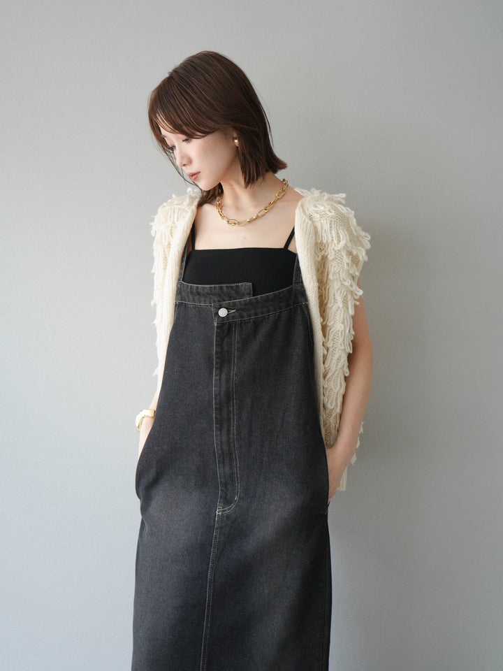 [SET]ループデザインベスト+アシンメトリーデニムワンピース(2set)