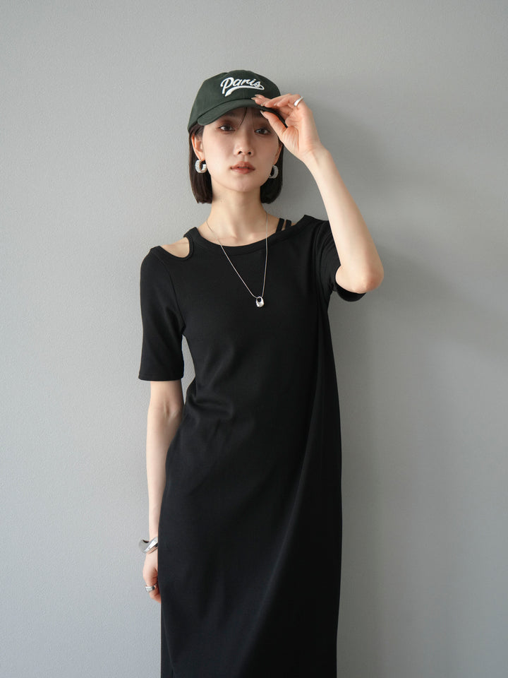 [予約]デザインネックカットリブワンピース/ブラック