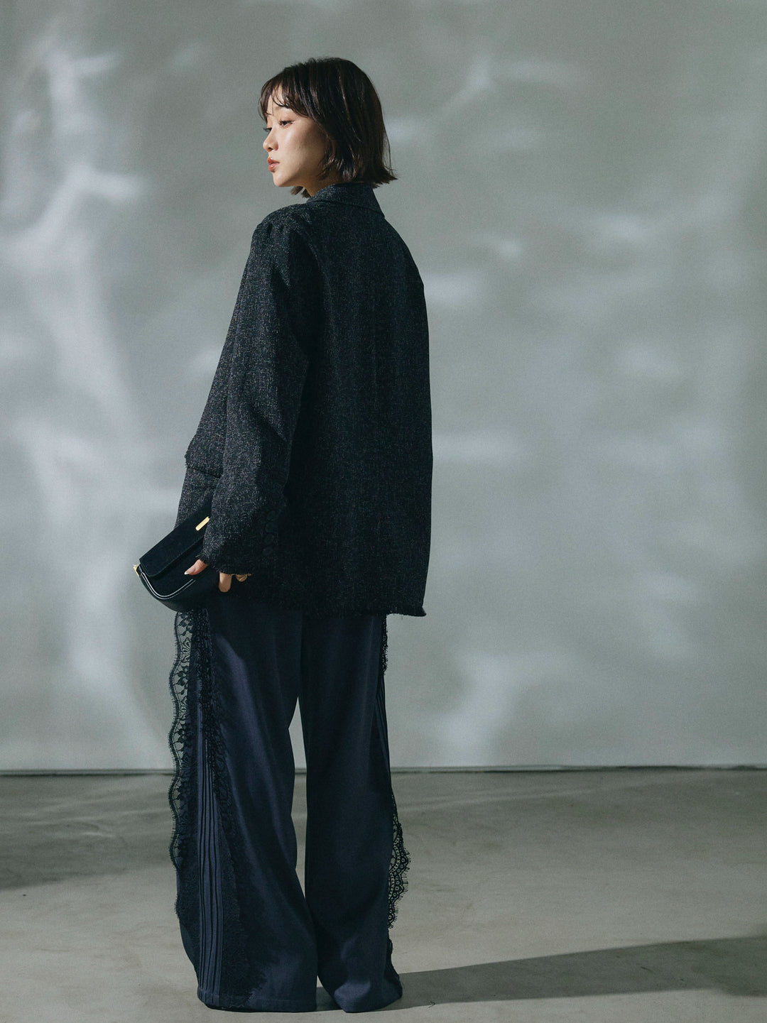 【Allure】[SET]スラブツイードフリンジテーラージャケット+サイドピンタックレースイージーワイドパンツ(2set)