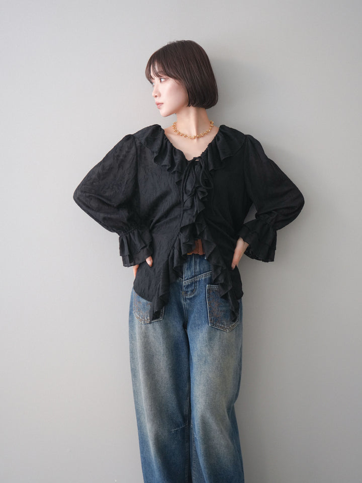 [予約]ラッフルレーススリットブラウス/black