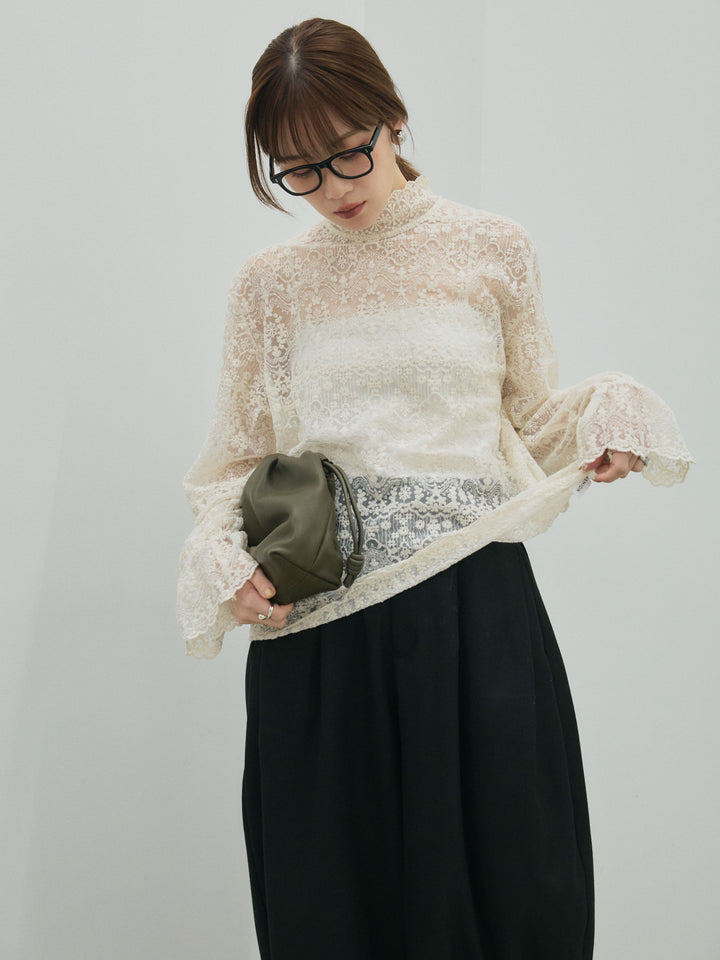 【Allure】[SET]ハイネックレーストップス+モックスカルゼサイドタックコクーンパンツ(2set)