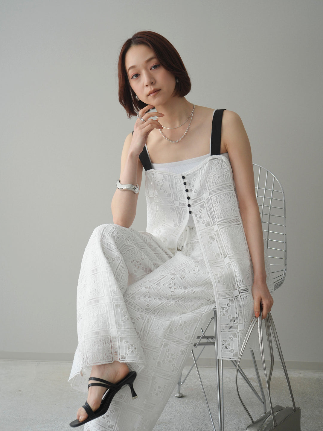 [SET]配色パネルレースキャミソール+パネルレースイージーパンツ(2set)