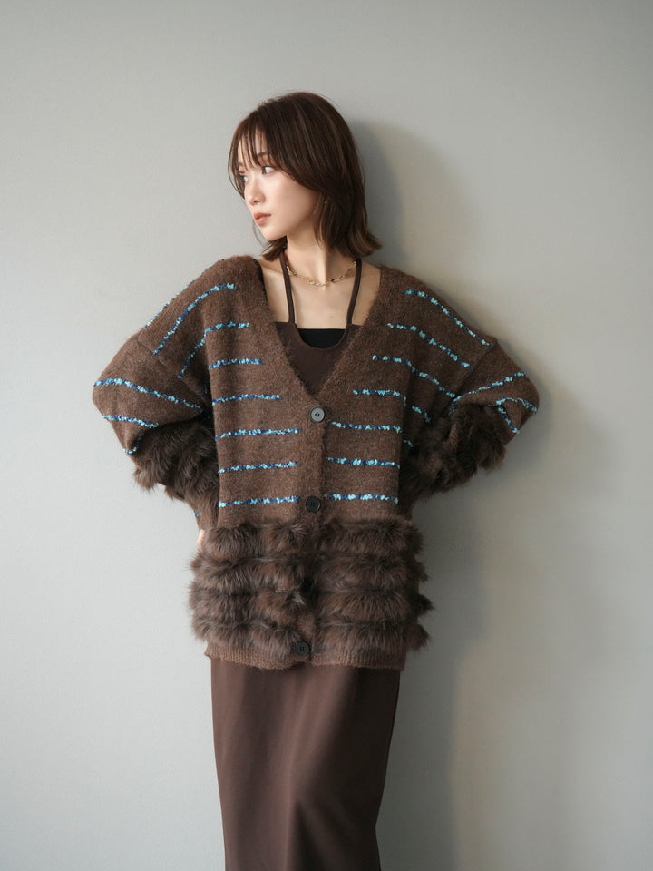 [予約]フェザーライン配色シャギーニットカーディガン/ブラウン