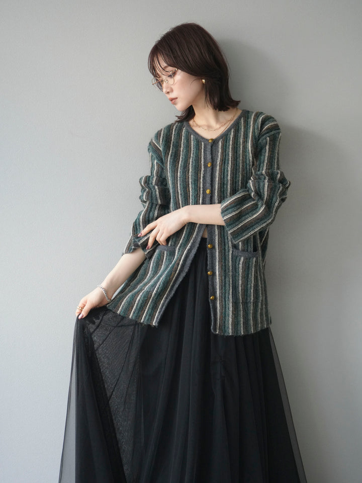 [予約]アンティークボタンストライプニットカーディガン/charcoal