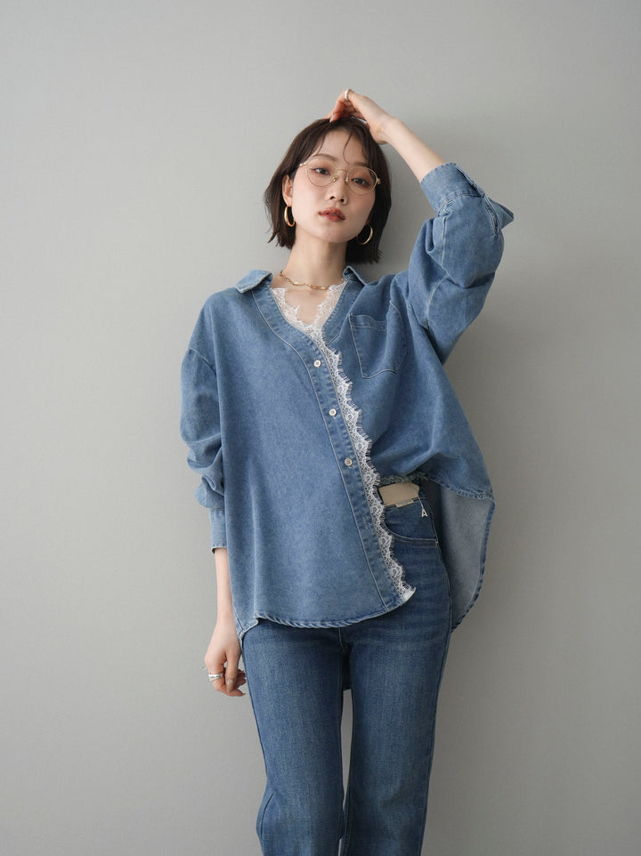 [SET]レースレイヤードデニム開襟シャツ+選べるアクセセット(2set)