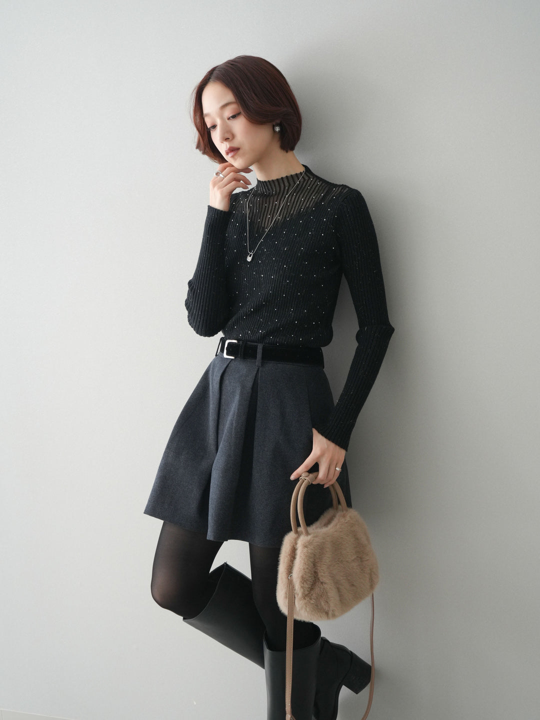 [SET]シアー切替スパンコールリブニットトップス+ベルト付きタックミニスカート(2set)