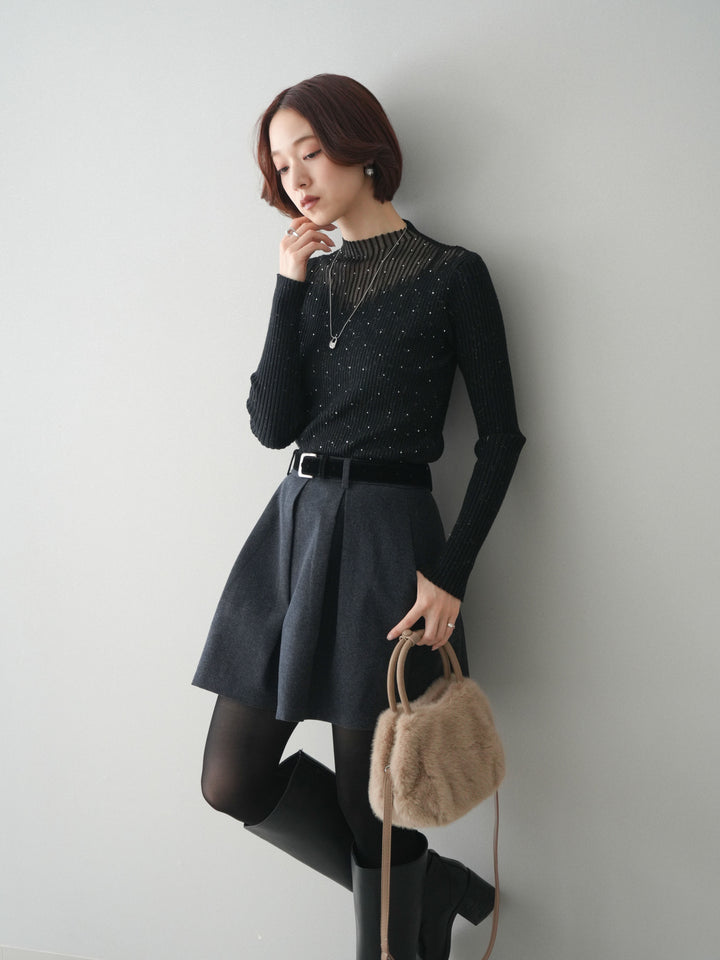 [SET]シアー切替スパンコールリブニットトップス+ベルト付きタックミニスカート(2set)