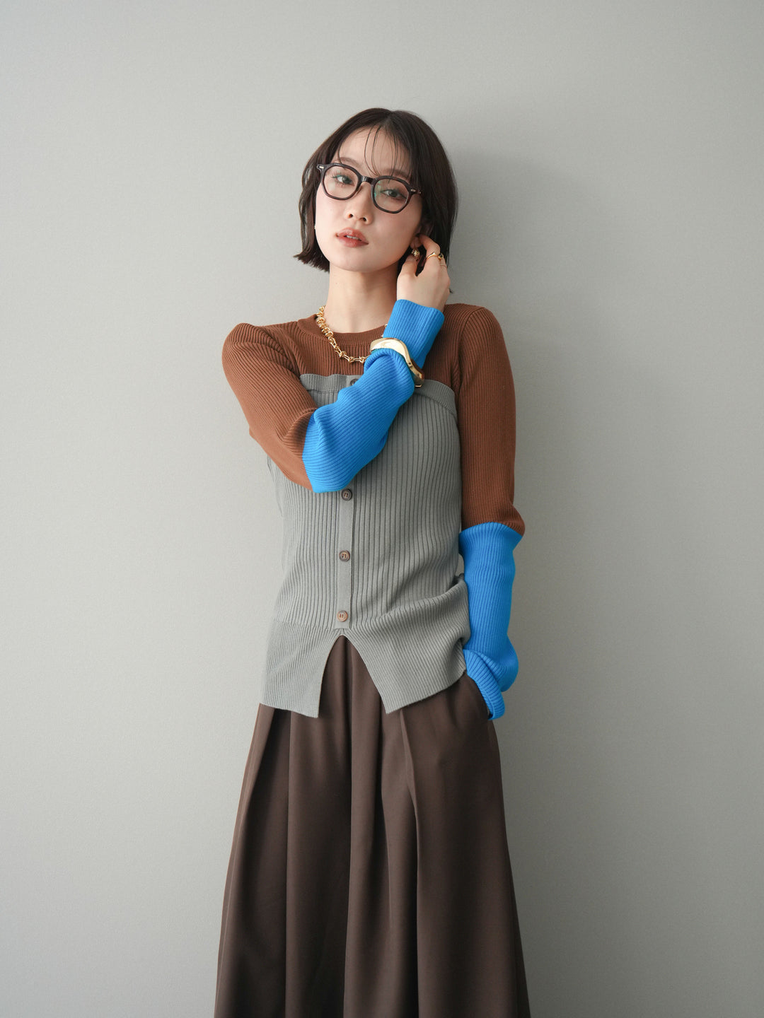 [SET]配色ビスチェドッキングリブニットトップス+選べるアクセセット(2set)