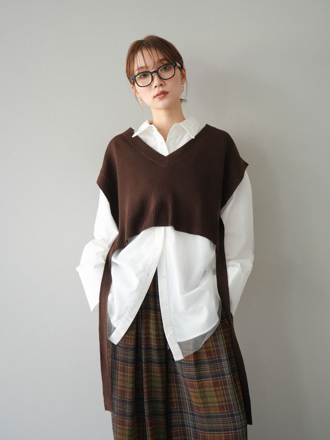 [予約]サイドリボンVネックショートニットベスト/ブラウン
