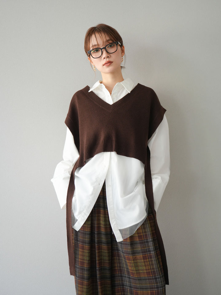 [予約]サイドリボンVネックショートニットベスト/ブラウン