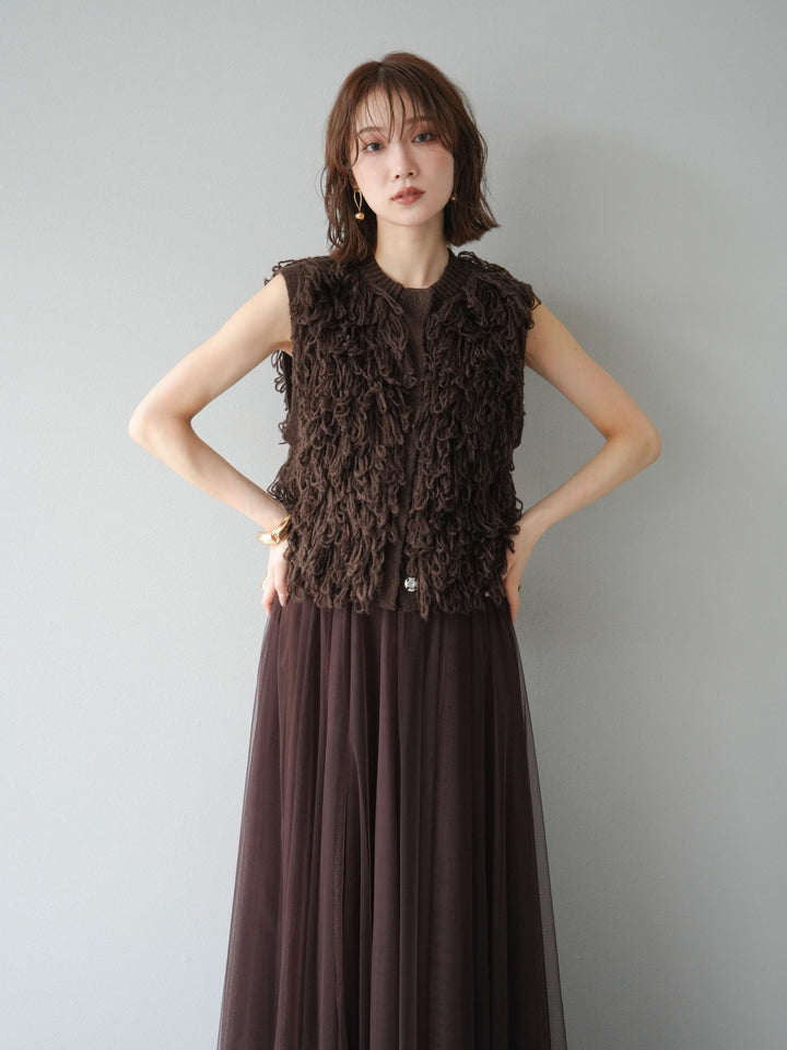 [SET] 前開衩針織背心 + 薄紗蓬鬆裙 (2 件套)