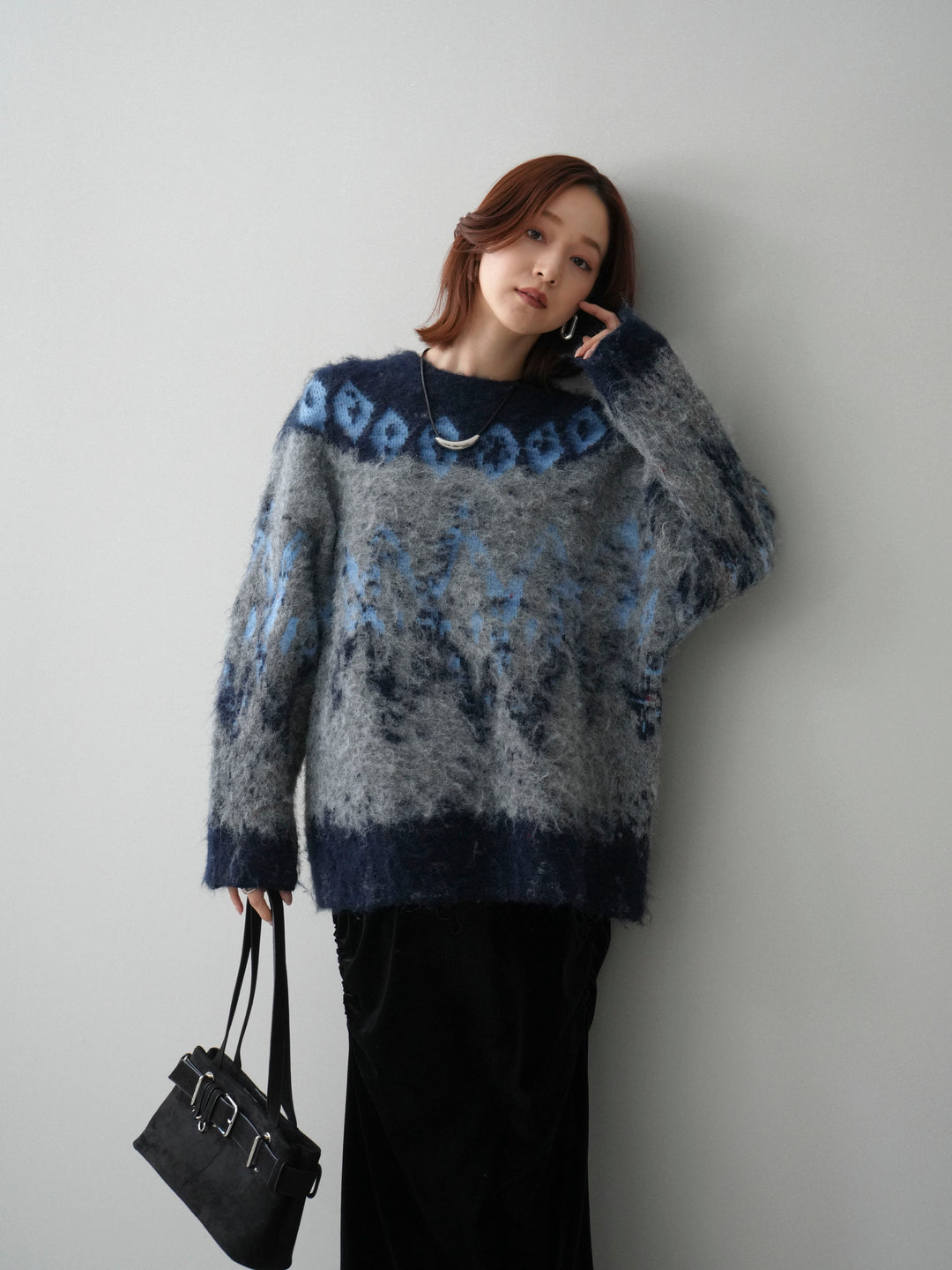 [SET]シャギーニュアンス柄ニットプルオーバー+ギャザーベロアスカート(2set)