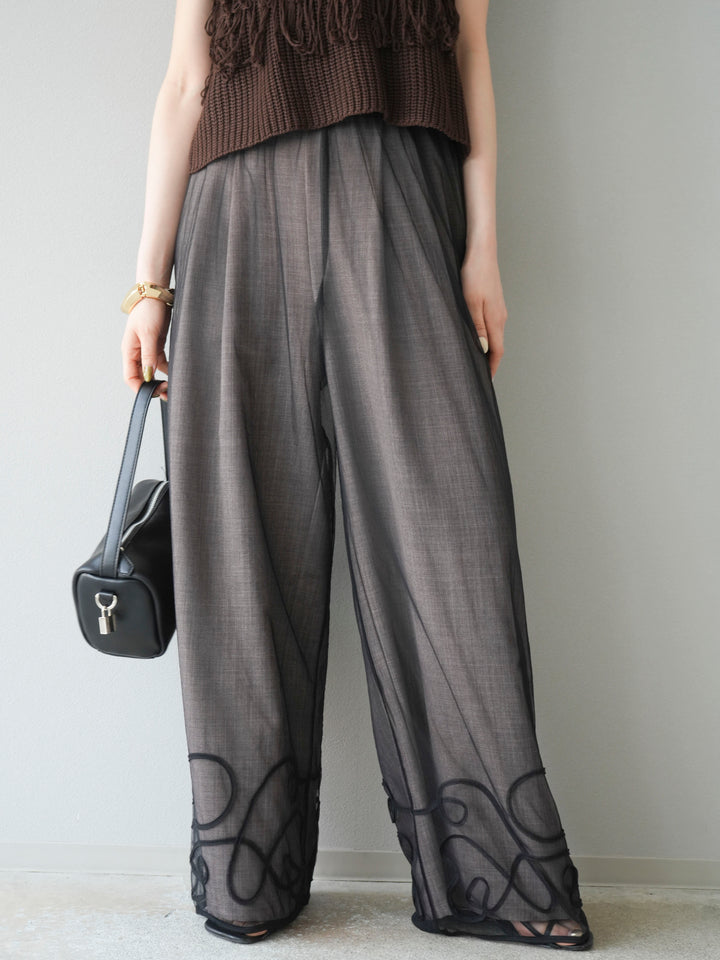 [SET] 繩繡薄紗疊穿褲+麻質寬鬆寬褲（2件組）