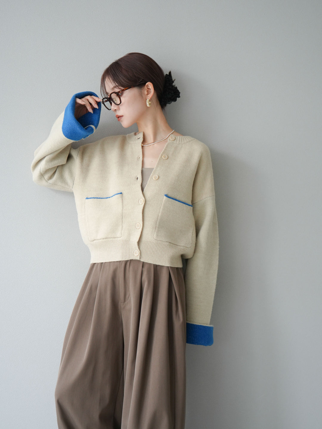 【SET】雙色針織開襟衫+褶襉設計寬褲（2套）