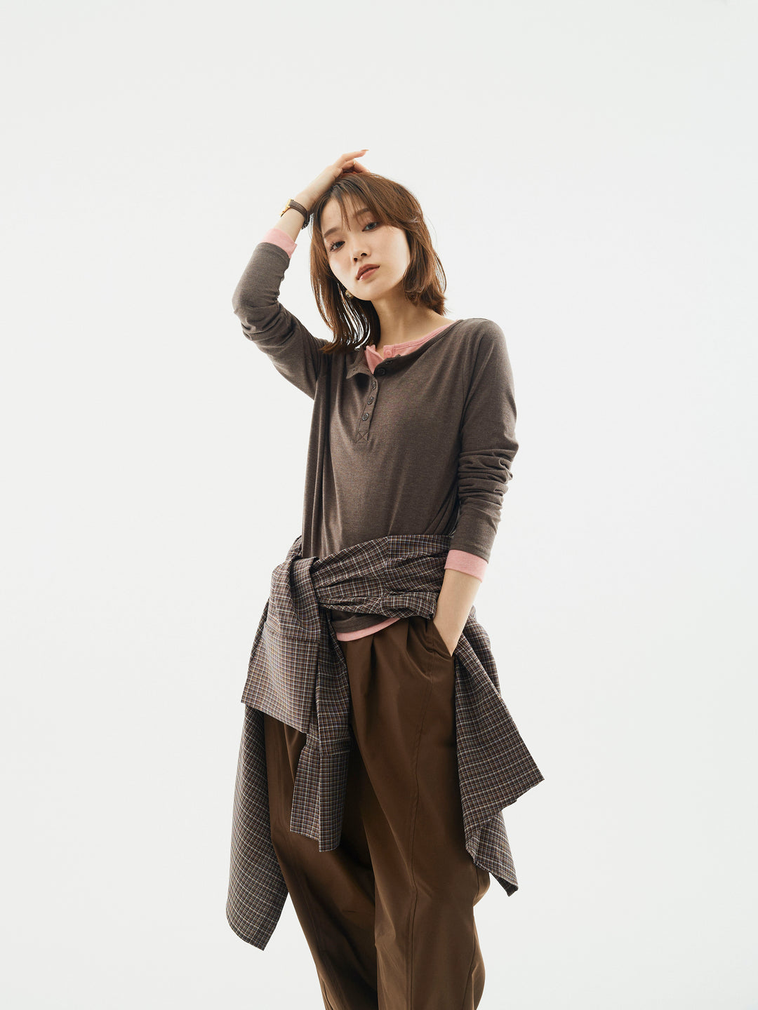 【Allure】[SET]配色レイヤードヘンリーネックトップス+配色レイヤードヘンリーネックトップス(2set)