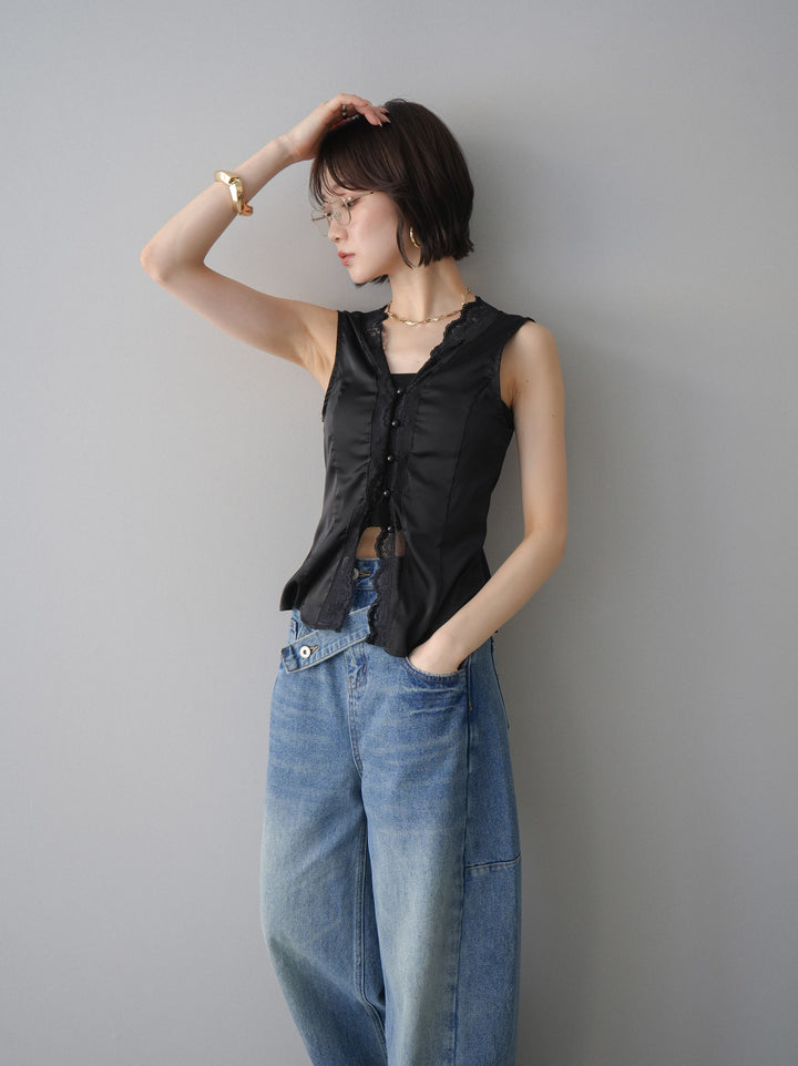 [予約]ノースリサテンレースキャミソール/black