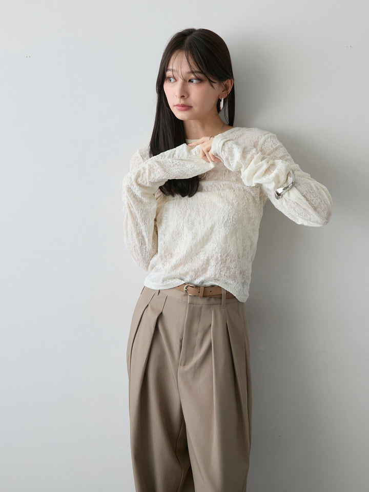 [SET]カットレースバックオープントップス+ツイルタックワイドパンツ(2set)