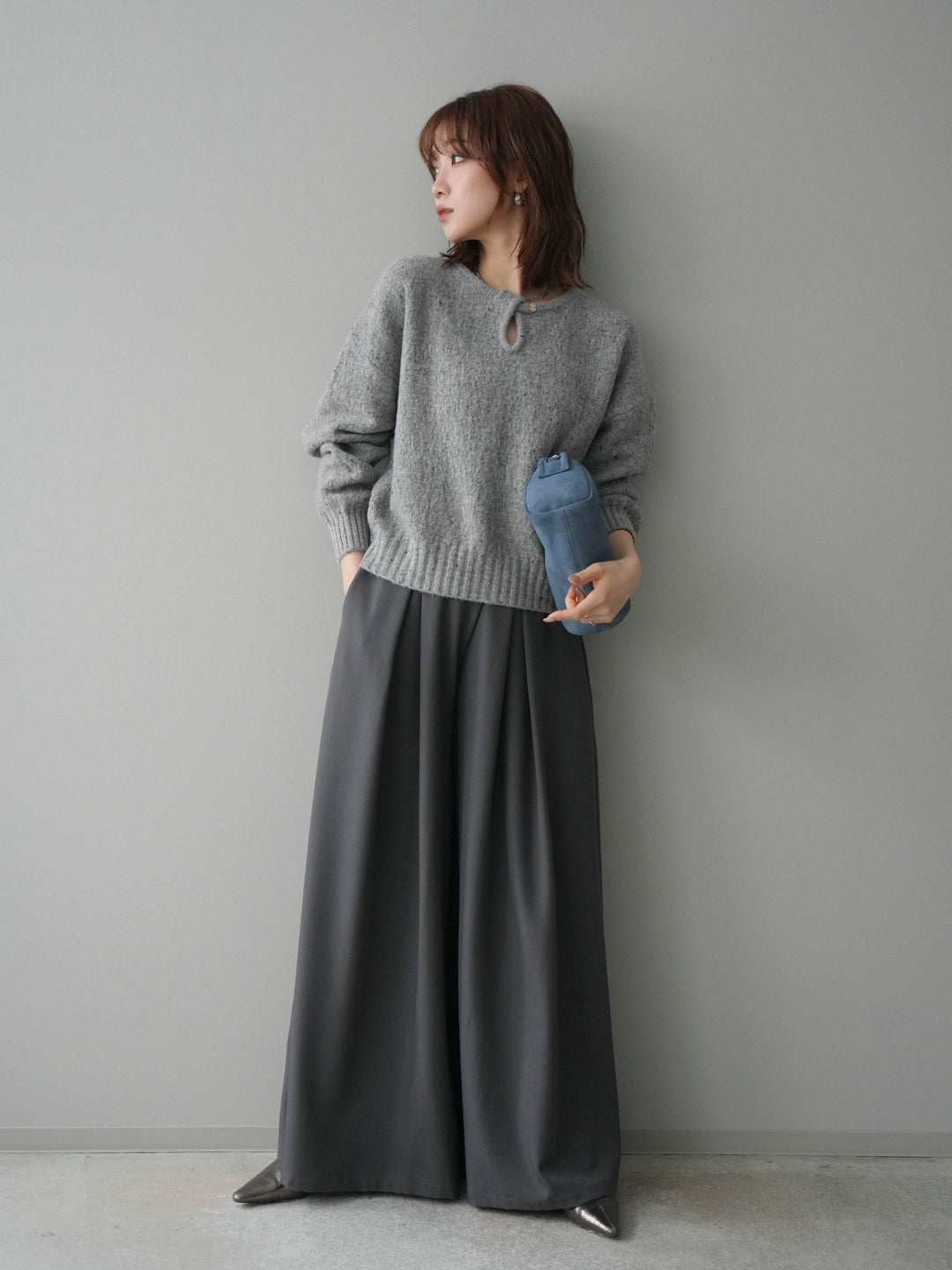 [予約]ツイストネックラメネップヤーンニットプルオーバー/gray