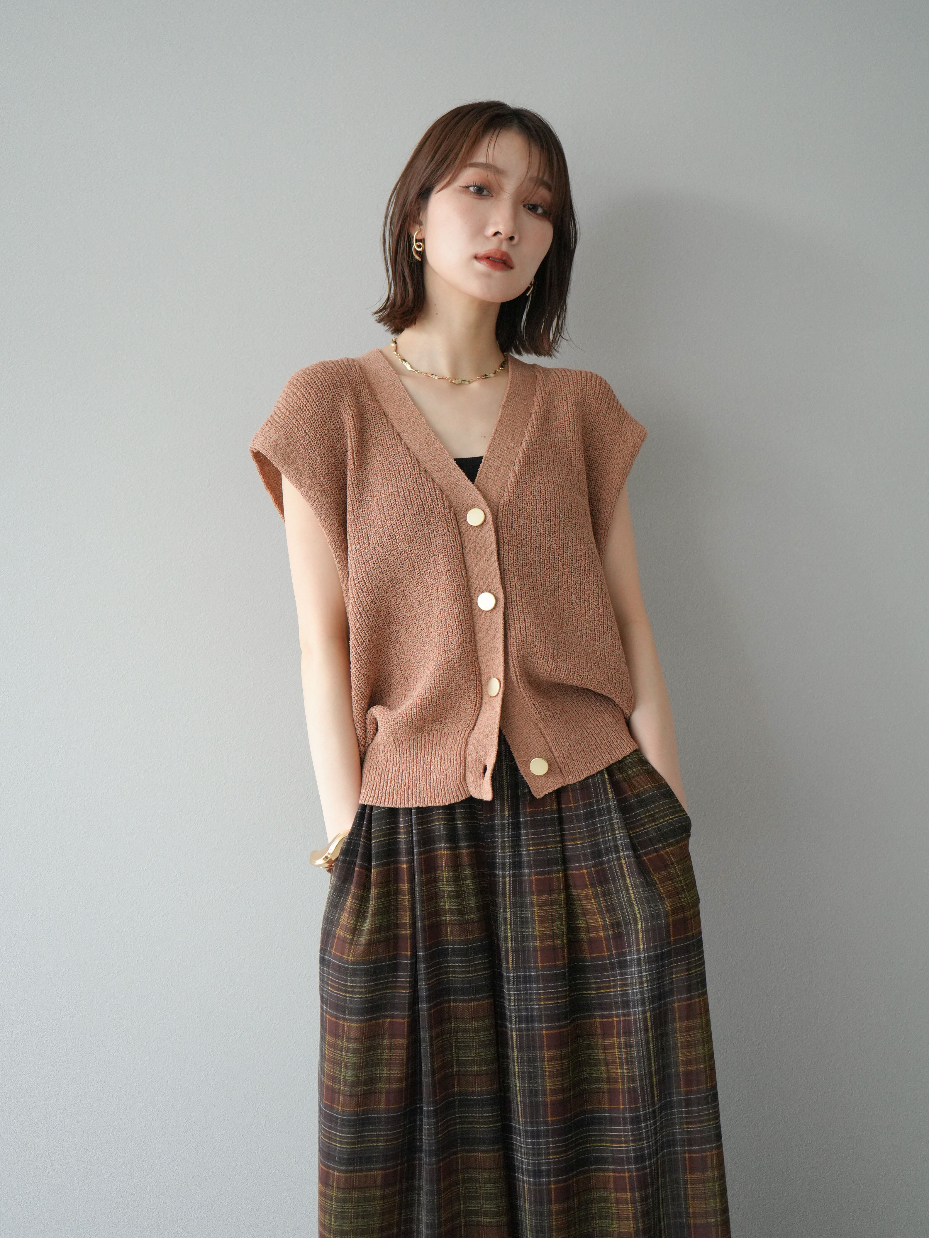 SET]ゴールドボタンVネックニットカーディガン+シアーチェックバギー