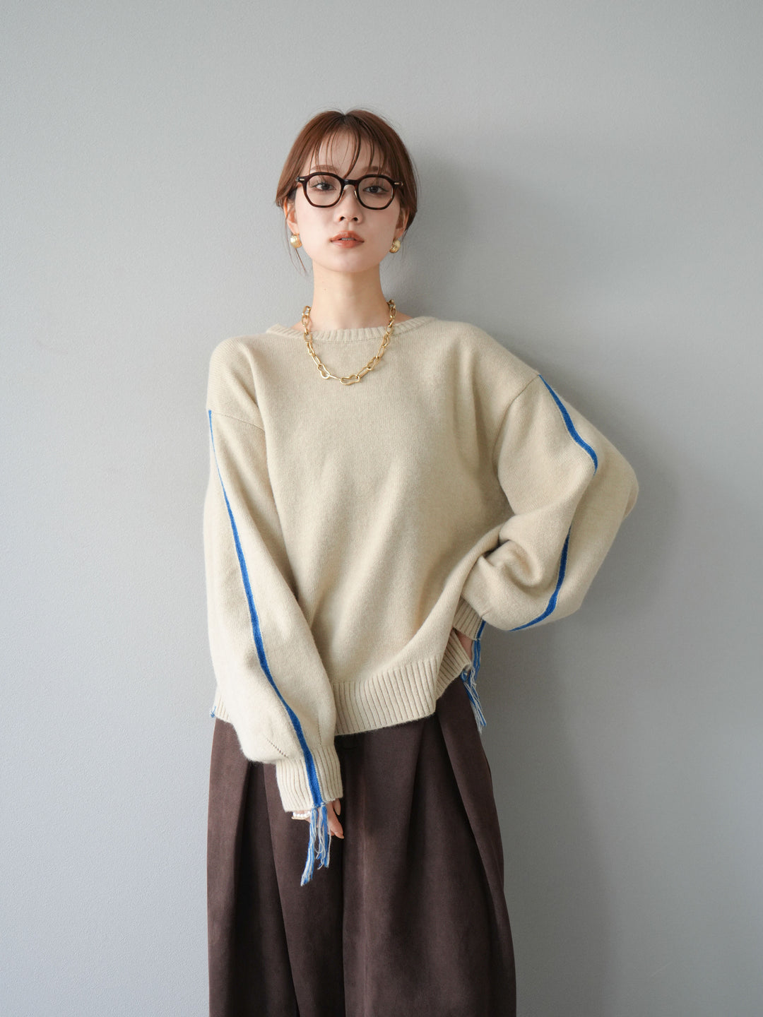 [SET]配色ステッチフリンジニットプルオーバー +スウェードタックワイドパンツ(2set)