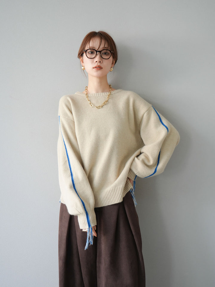 [SET]配色ステッチフリンジニットプルオーバー +スウェードタックワイドパンツ(2set)