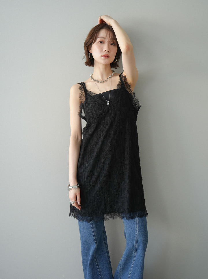 [予約]レース切替ジャガードニットロングキャミソール/black