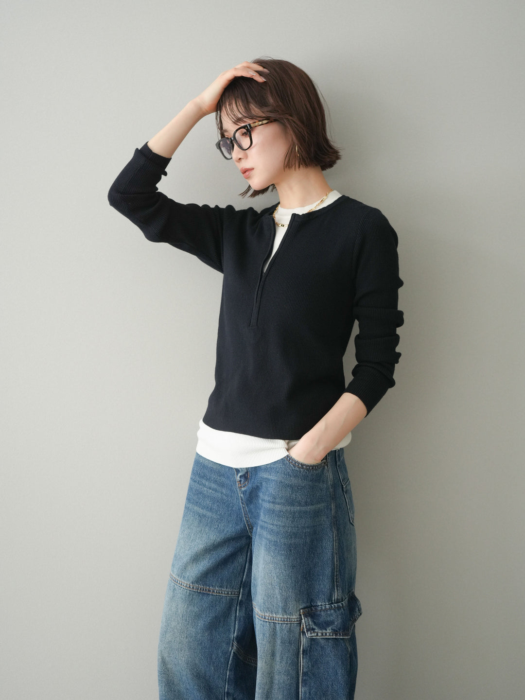 [予約]フロントジップ配色レイヤードニットトップス/navy