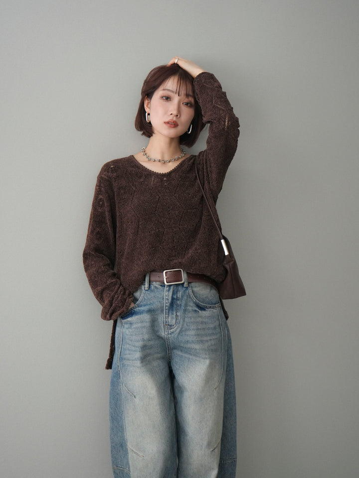 [予約]モール透かし編みニットトップス/brown