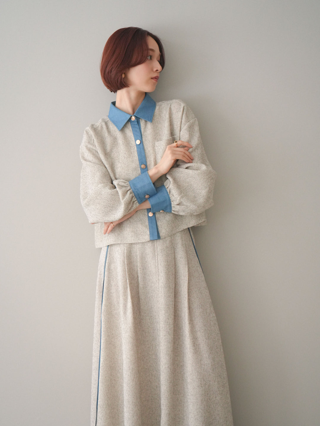 [SET]異素材サマーツイードシャツ+異素材サマーツイードタックフレアスカート(2set)