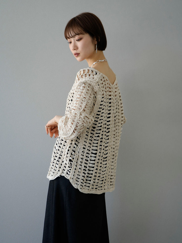 [Pre-order] Tape yarn openwork loose knit pullover/natural
