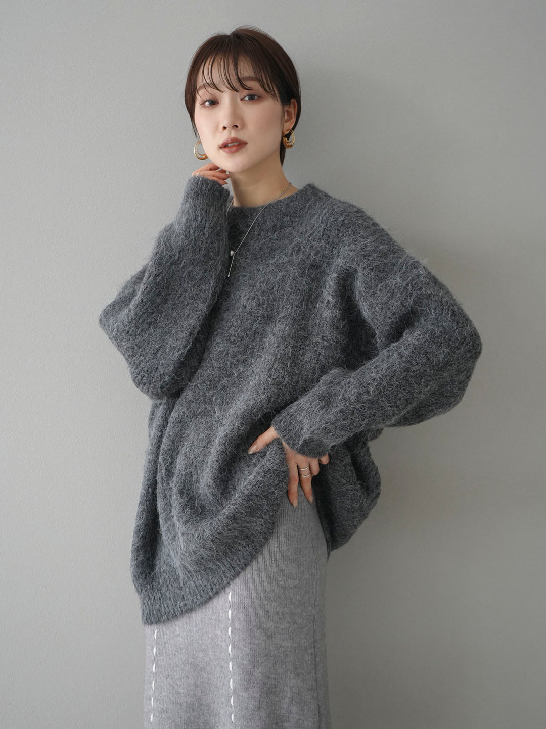 [Pre-order] Mixed yarn wool touch knit pullover/charcoal