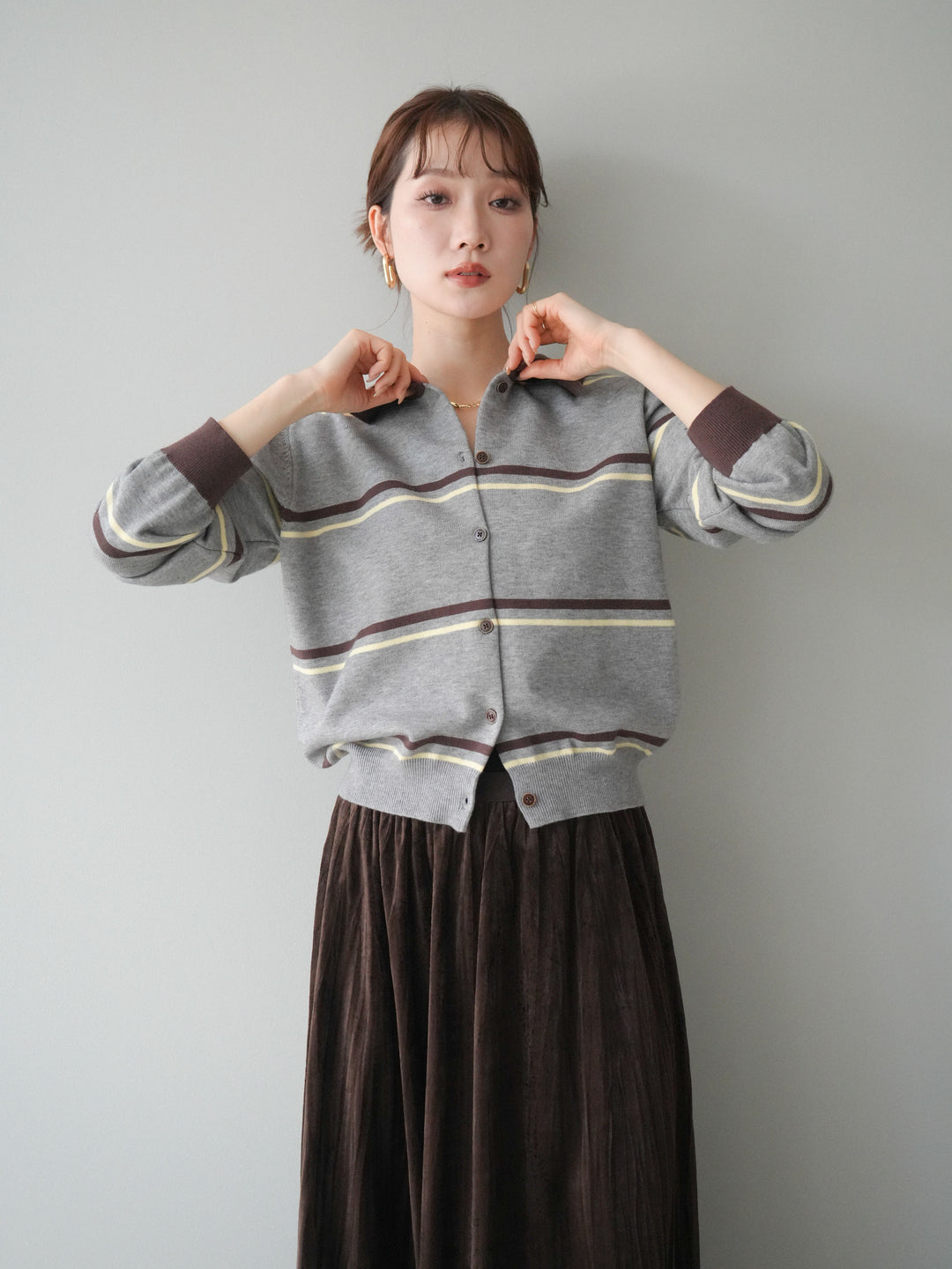 [予約]配色マルチボーダーポロニットカーディガン/gray